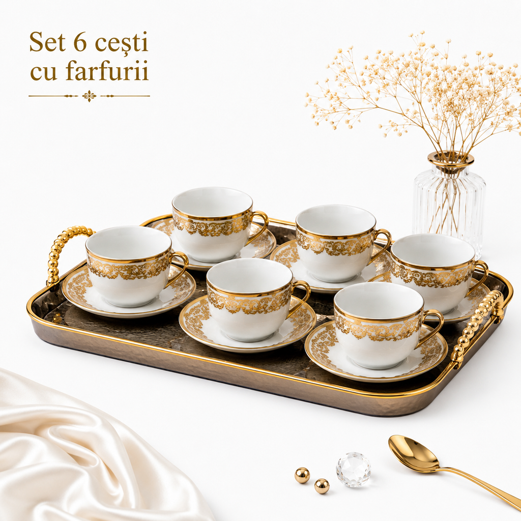 Set cesti cafea ceramica cu farfurioare, 12 piese, alb cu auriu, pentru 6 persoane, model elegant, ideal cadou
