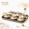 Set cesti cafea ceramica cu farfurioare, 12 piese, alb cu auriu, pentru 6 persoane, model elegant, ideal cadou