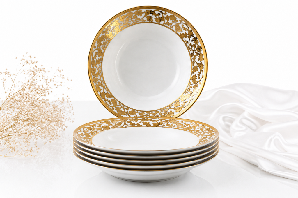 Set veselă ceramică 24 piese, farfurii masă și cești, alb cu model auriu luxury, pentru 6 persoane, design elegant premium