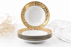 Set veselă ceramică 24 piese, farfurii masă și cești, alb cu model auriu luxury, pentru 6 persoane, design elegant premium