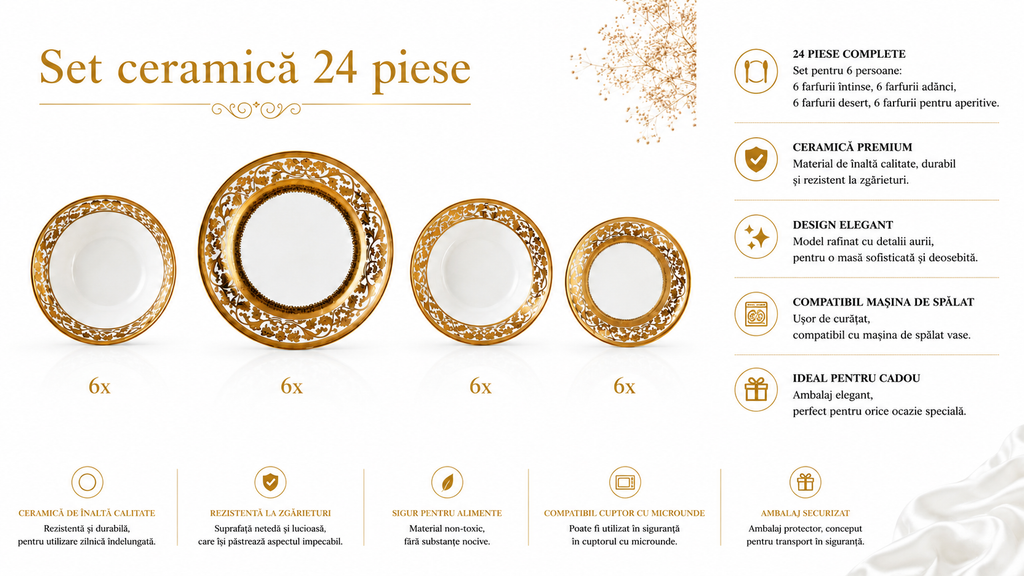 Set veselă ceramică 24 piese, farfurii masă și cești, alb cu model auriu luxury, pentru 6 persoane, design elegant premium