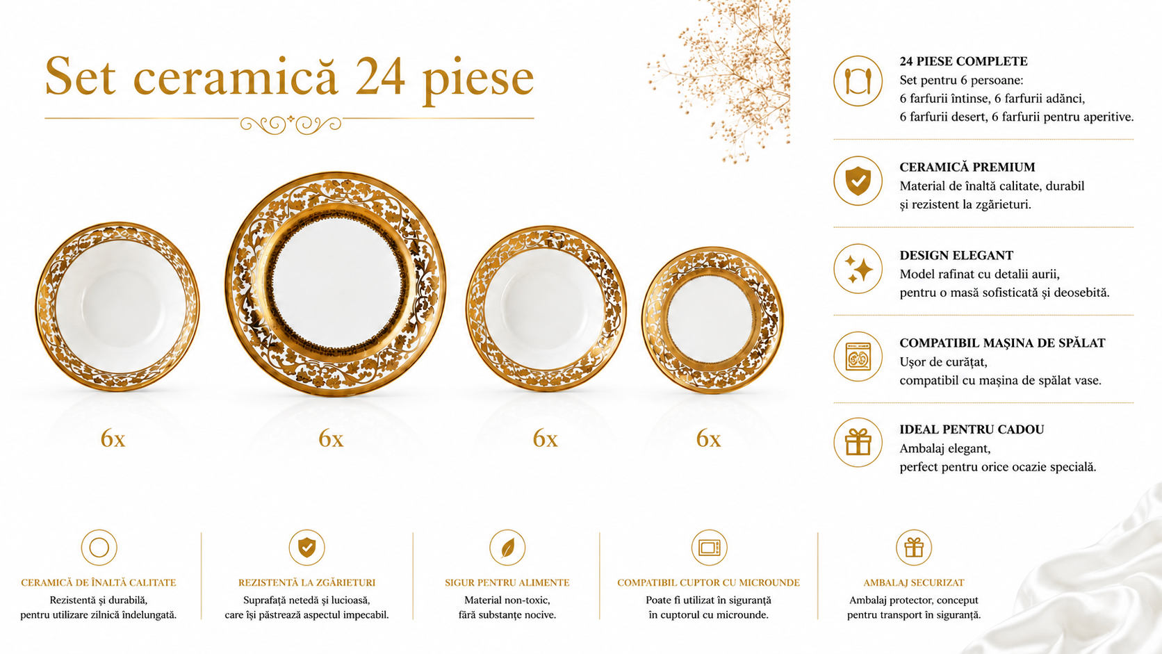 Set veselă ceramică 24 piese, farfurii masă și cești, alb cu model auriu luxury, pentru 6 persoane, design elegant premium