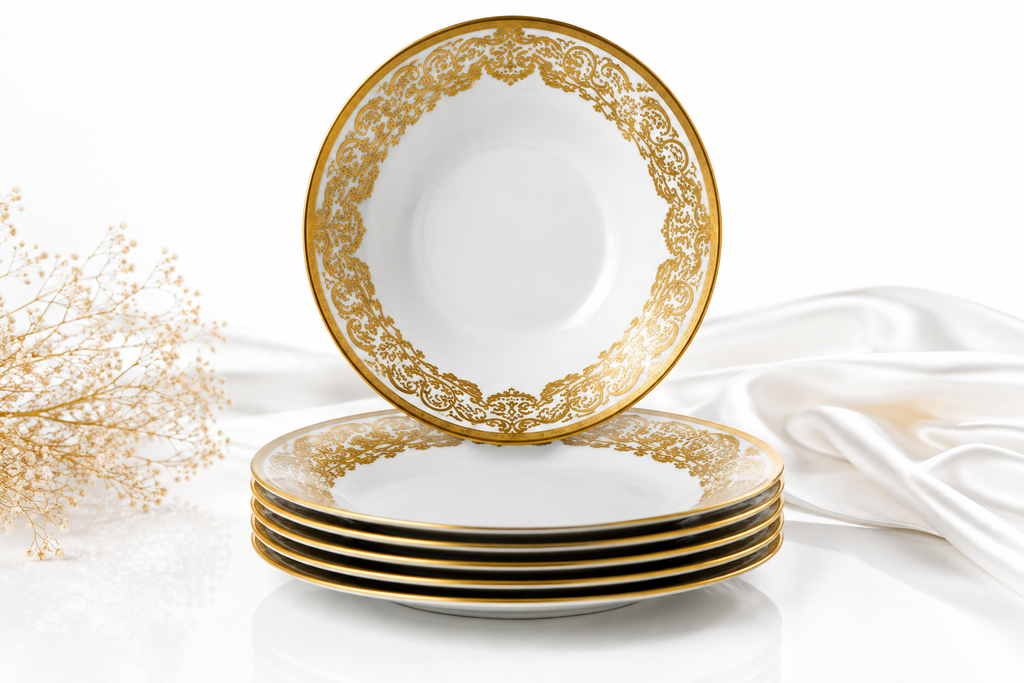 Set veselă ceramică 24 piese, farfurii masă și cești, alb cu model auriu luxury, pentru 6 persoane, design elegant premium