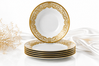 Set veselă ceramică 24 piese, farfurii masă și cești, alb cu model auriu luxury, pentru 6 persoane, design elegant premium