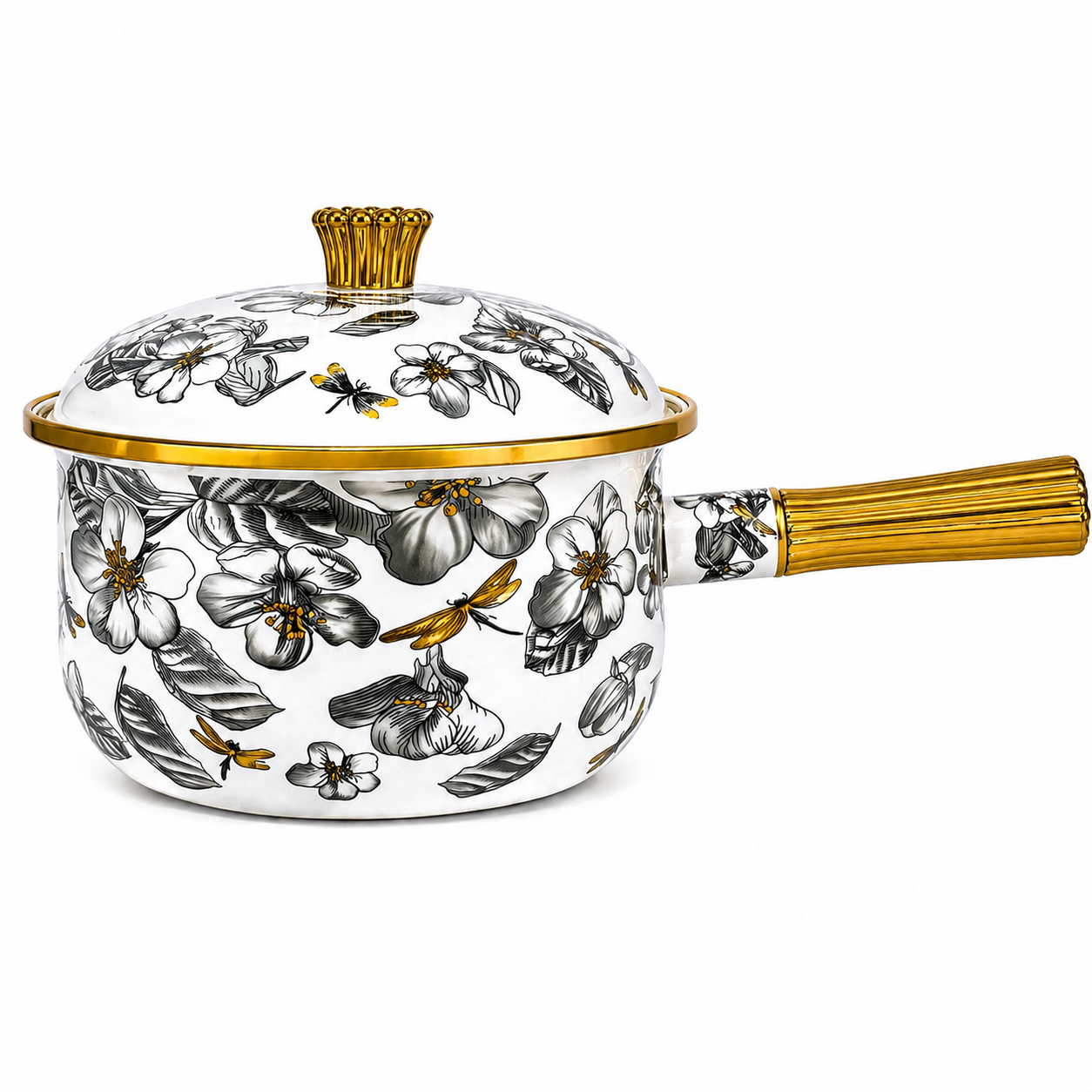 Cratiță emailată premium cu capac, model floral elegant, mâner auriu, 1.8L