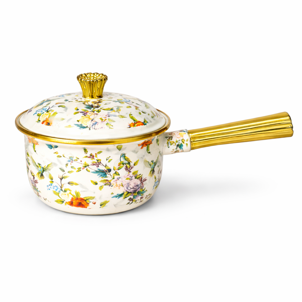 Set oale emailate 8 piese, vase gatit otel emailat, capace sticla termorezistente, model floral, 20/24/30 cm