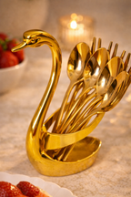 Set tacamuri inox auriu 8 piese, suport tip Lebada, set linguri si furculite, finisaj premium, decor masa elegant
