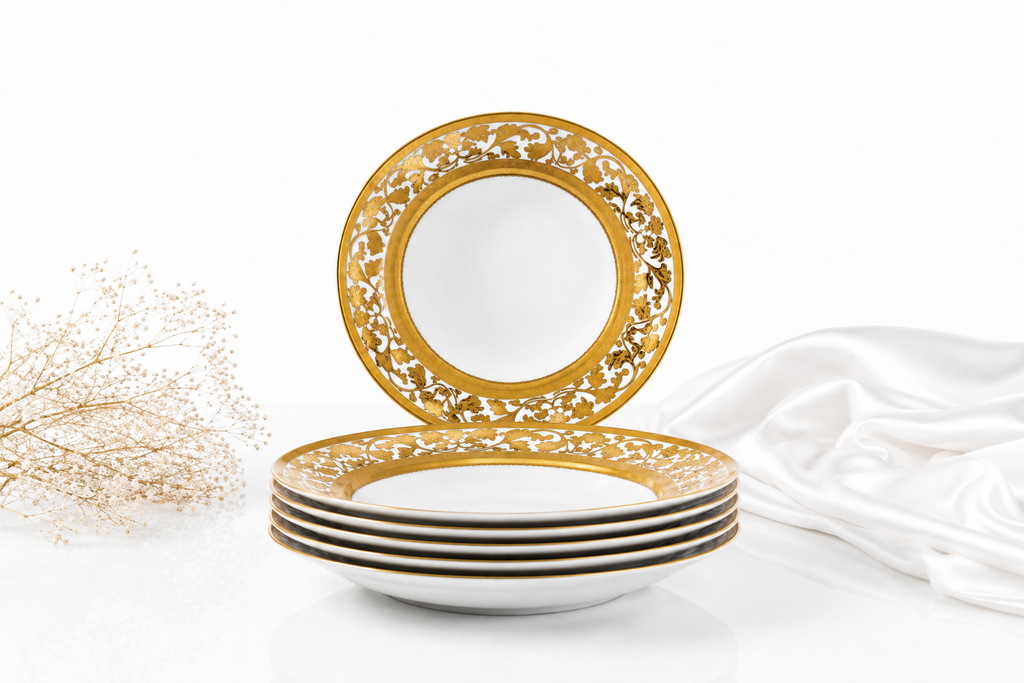 Set veselă ceramică 24 piese, farfurii masă și cești, alb cu model auriu luxury, pentru 6 persoane, design elegant premium