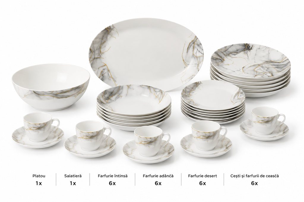 Set veselă opal 32 piese marmură alb-gri cu accente aurii, 6 persoane, farfurii întinse, adânci, desert, cești cafea, salatieră și platou