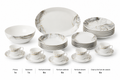 Set veselă opal 32 piese marmură alb-gri cu accente aurii, 6 persoane, farfurii întinse, adânci, desert, cești cafea, salatieră și platou