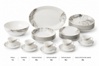 Set veselă opal 32 piese marmură alb-gri cu accente aurii, 6 persoane, farfurii întinse, adânci, desert, cești cafea, salatieră și platou