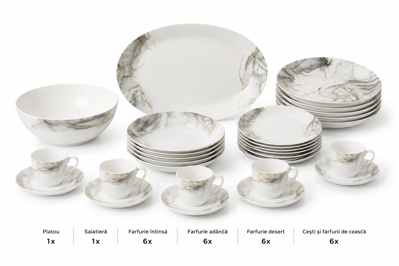 Set veselă opal 32 piese marmură alb-gri cu accente aurii, 6 persoane, farfurii întinse, adânci, desert, cești cafea, salatieră și platou