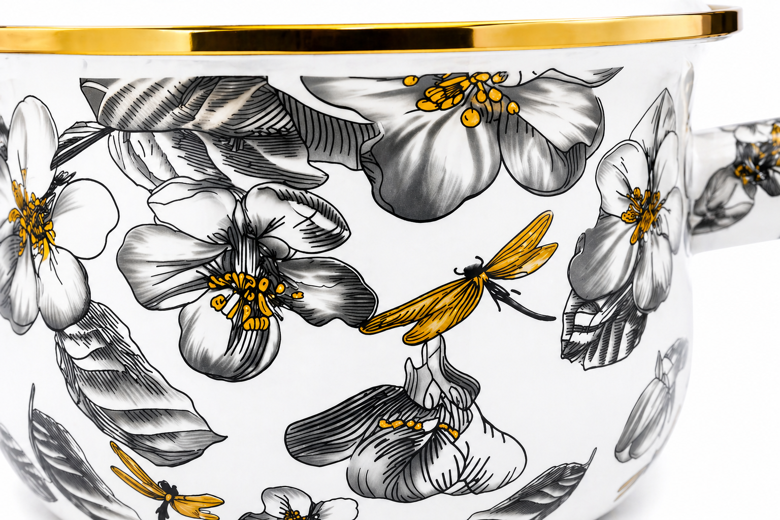 Cratiță emailată premium cu capac, model floral elegant, mâner auriu, 1.8L