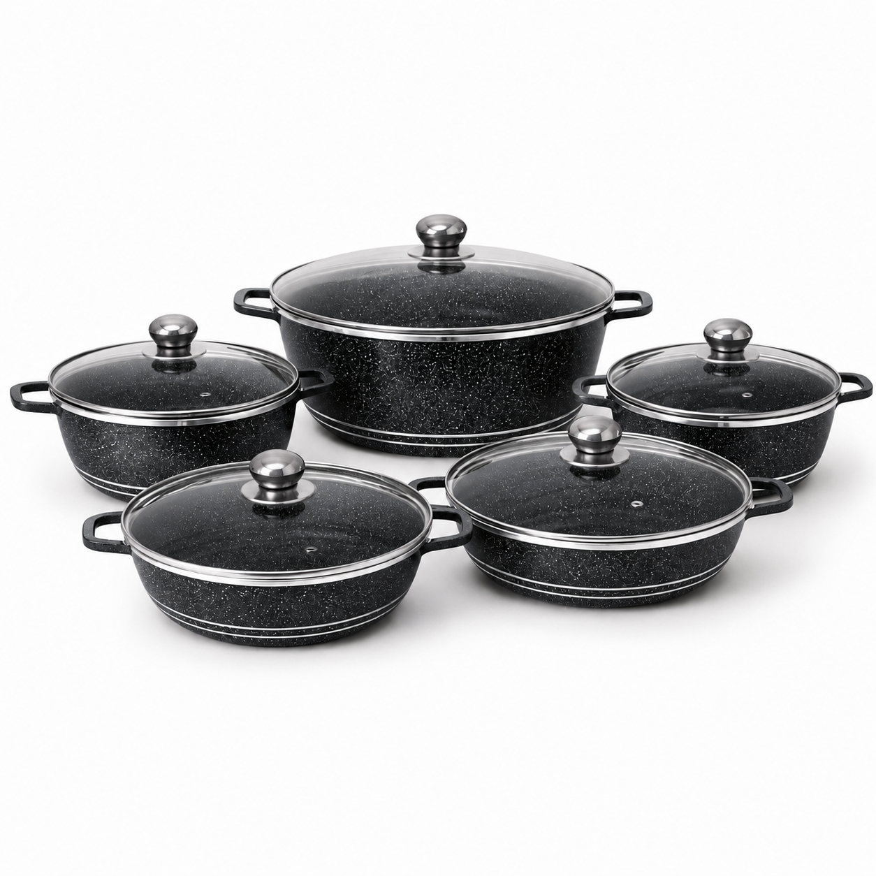 Set oale granit 10 piese, granit vase gatit antiaderent cu capac sticla, rezistente, 20–32 cm