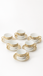 Set cesti cafea ceramica cu farfurioare, 12 piese, alb cu auriu, pentru 6 persoane, model elegant, ideal cadou