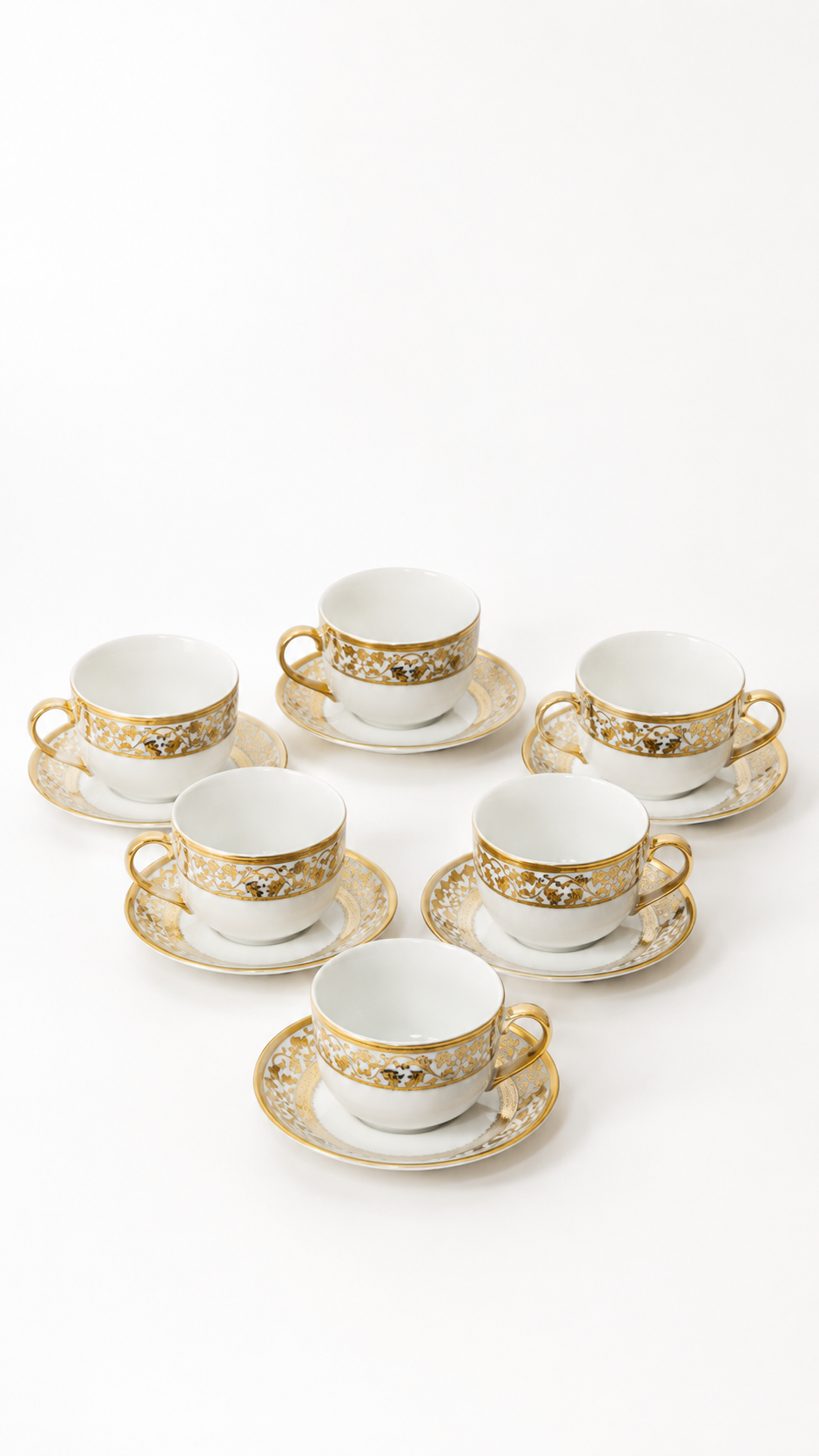 Set cesti cafea ceramica cu farfurioare, 12 piese, alb cu auriu, pentru 6 persoane, model elegant, ideal cadou