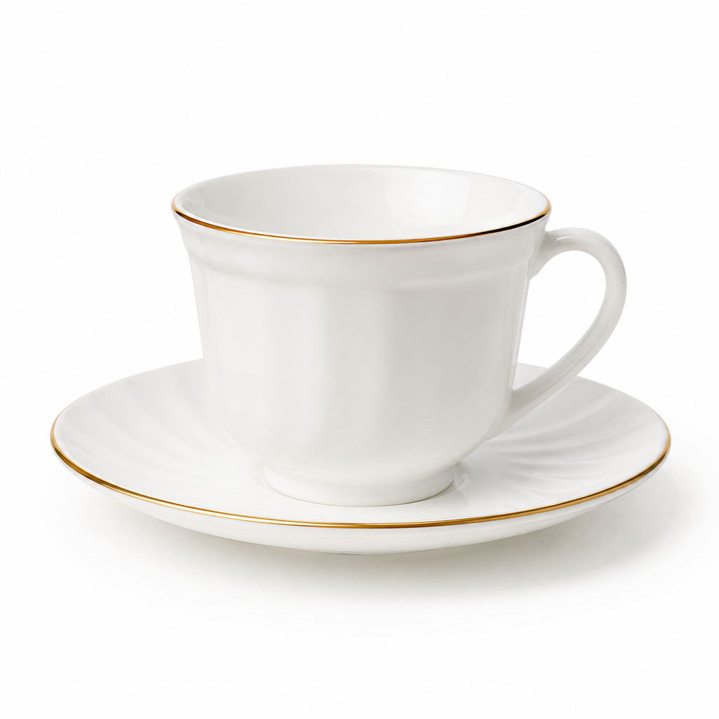 Set 6 cești cafea cu farfurii din opal alb și margine aurie, 12 piese, set elegant pentru espresso și cappuccino