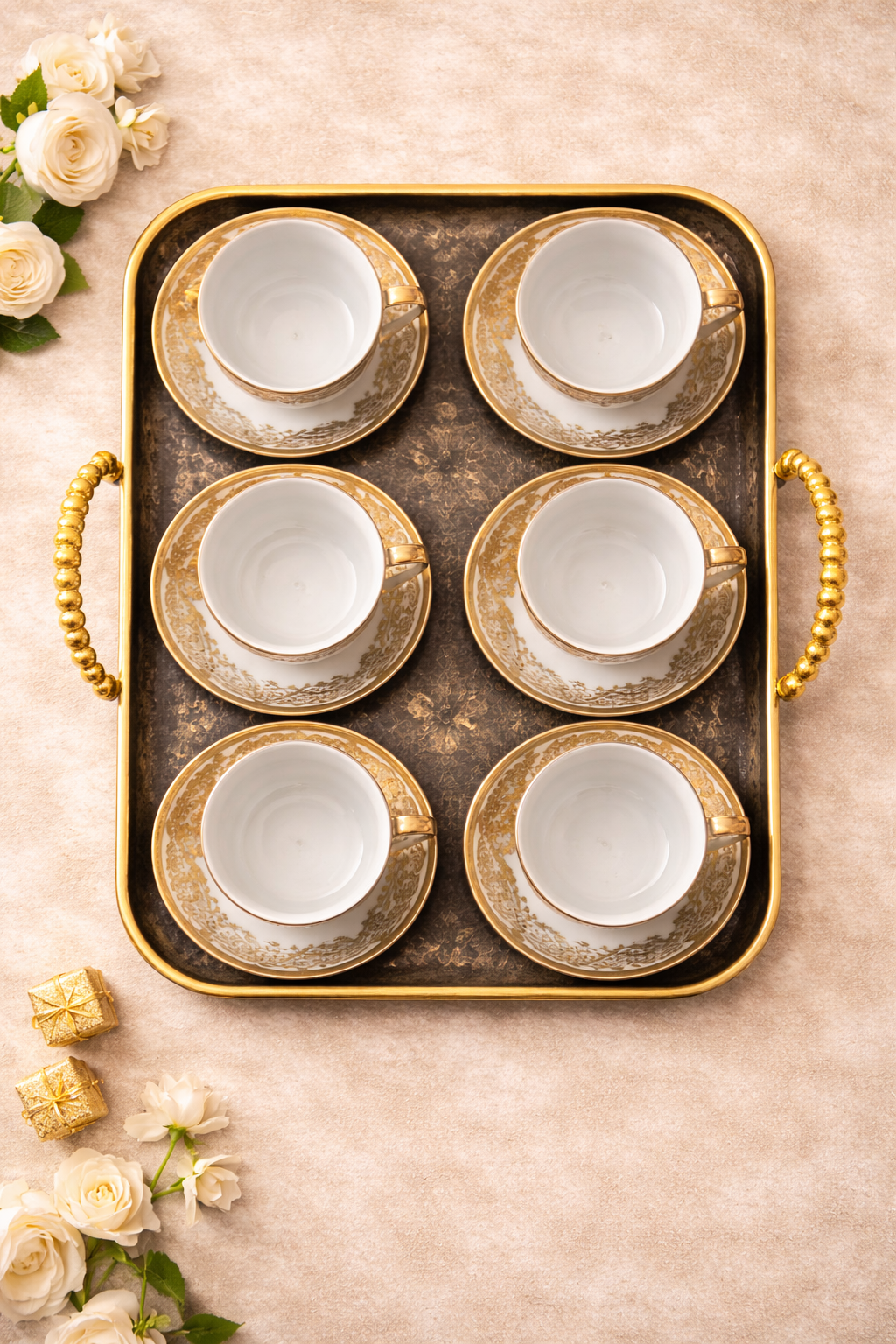 Set cesti cafea ceramica cu farfurioare, 12 piese, alb cu auriu, pentru 6 persoane, model elegant, ideal cadou
