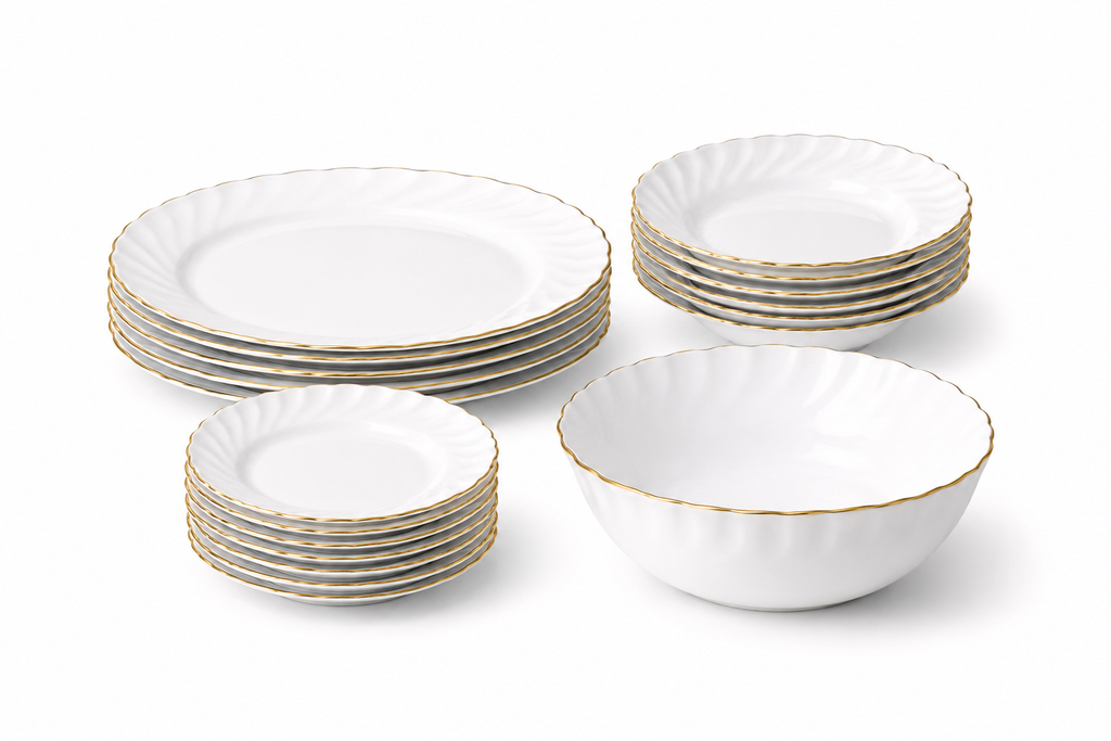 Set serviciu masa Opal 19 piese, 6 persoane, alb cu margine aurie, farfurii model Premium ZLine, elegant, ideal pentru cadou