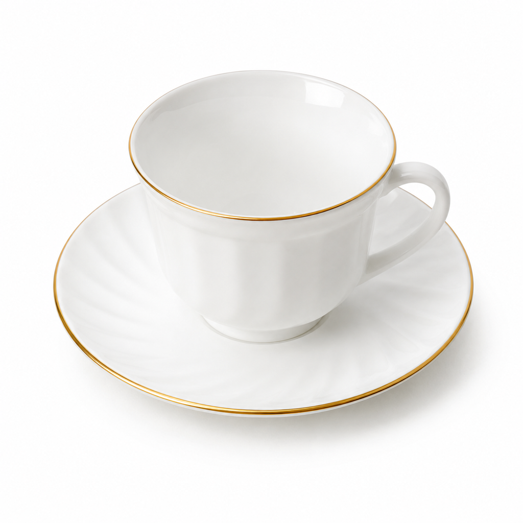 Set 6 cești cafea cu farfurii din opal alb și margine aurie, 12 piese, set elegant pentru espresso și cappuccino