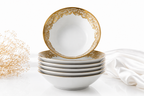 Set veselă ceramică 24 piese, farfurii masă și cești, alb cu model auriu luxury, pentru 6 persoane, design elegant premium