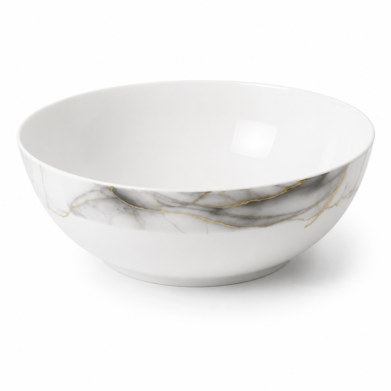Set veselă opal 32 piese marmură alb-gri cu accente aurii, 6 persoane, farfurii întinse, adânci, desert, cești cafea, salatieră și platou