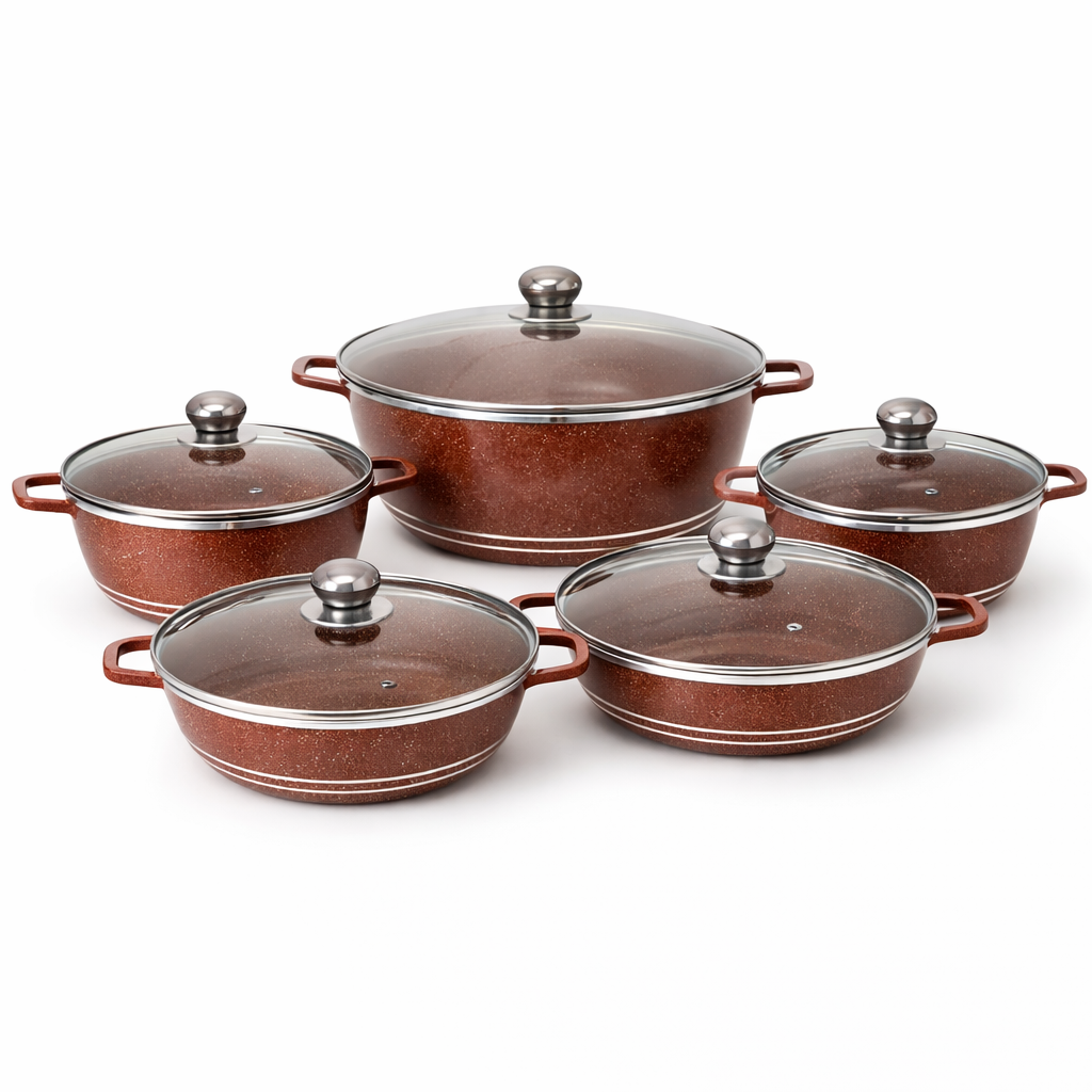 Set oale granit 10 piese, vase gatit granit antiaderent cu capac sticla, set cratite granit, rezistente, 20–32 cm