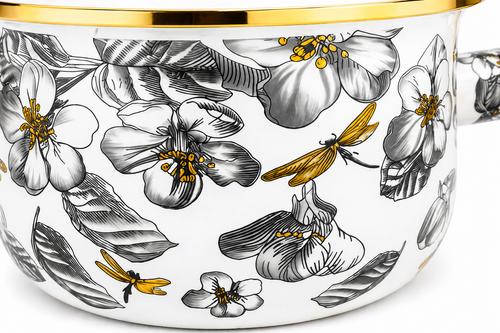 Premium enameled pot with lid, elegant floral pattern, gold handle, 1.8L