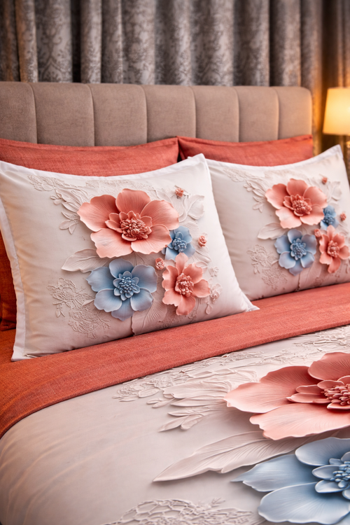 Fine flannel cotton bedding, Canvas Peony model, 6 pieces, complete set, soft material, premium comfort