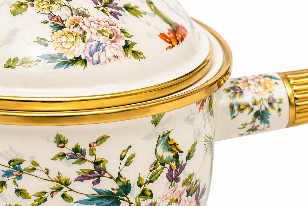 Cratiță emailată premium cu capac, model floral elegant, mâner auriu, 1.8L