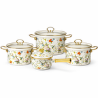 Set oale emailate 8 piese, vase gatit otel emailat, capace sticla termorezistente, model floral, 20/24/30 cm