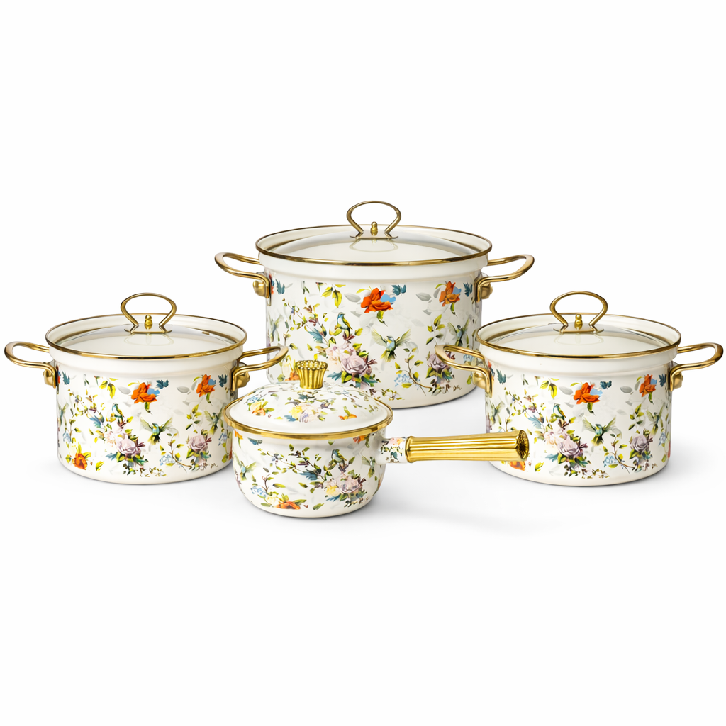 Set oale emailate 8 piese, vase gatit otel emailat, capace sticla termorezistente, model floral, 20/24/30 cm