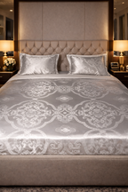 Lenjerie de pat din satin, model RoyalGrey, gri, 6 piese, set complet, material fin, confort premium