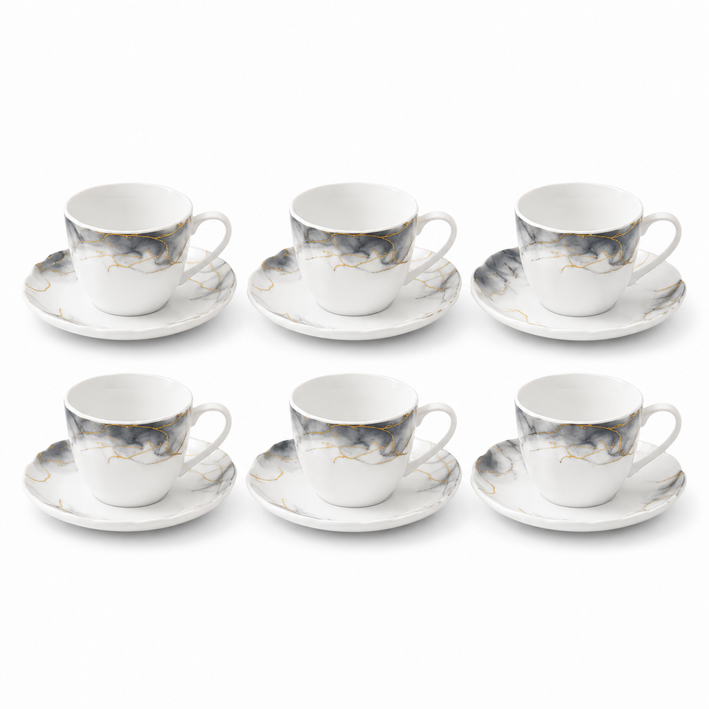 Set veselă opal 32 piese marmură alb-gri cu accente aurii, 6 persoane, farfurii întinse, adânci, desert, cești cafea, salatieră și platou