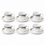 Set veselă opal 32 piese marmură alb-gri cu accente aurii, 6 persoane, farfurii întinse, adânci, desert, cești cafea, salatieră și platou