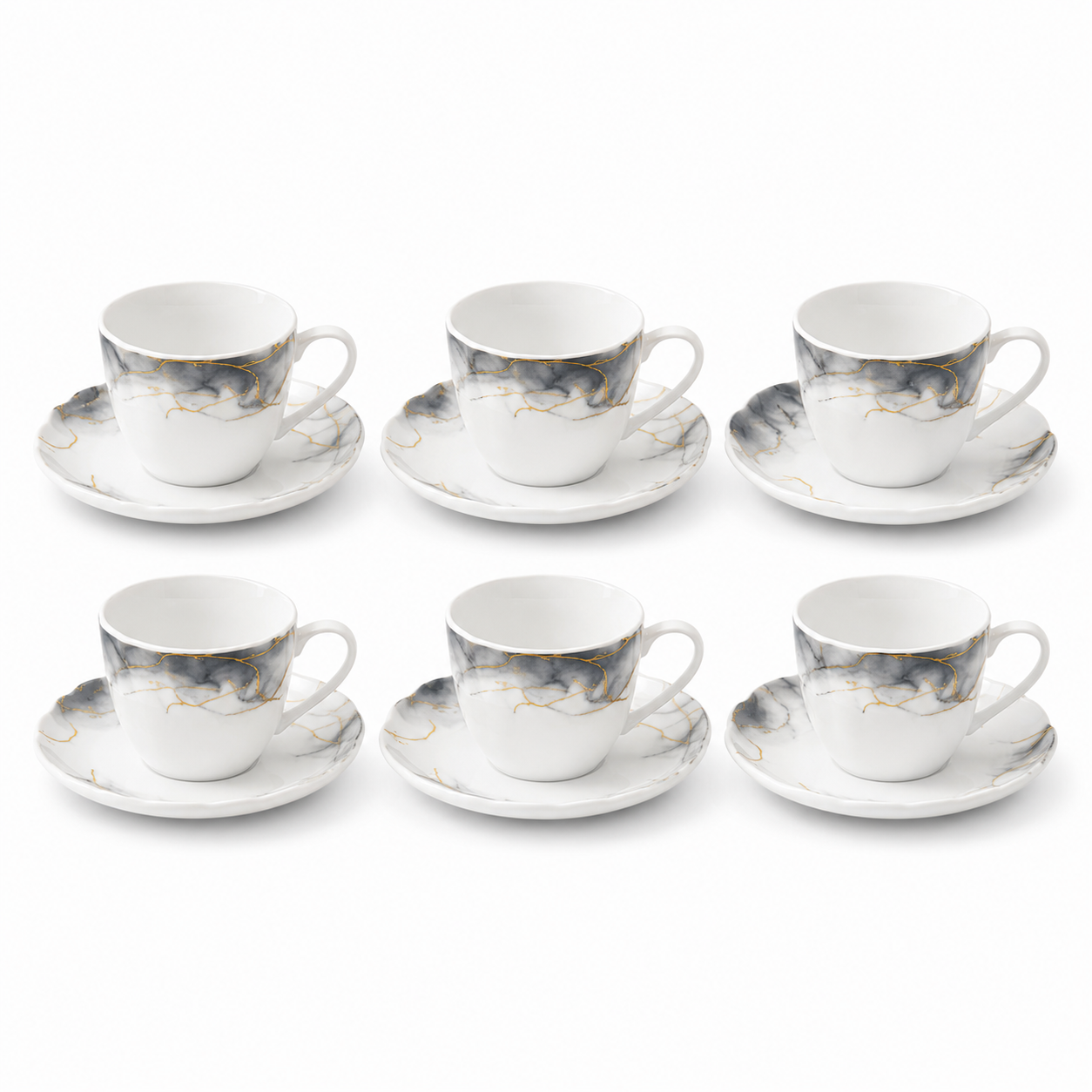 Set veselă opal 32 piese marmură alb-gri cu accente aurii, 6 persoane, farfurii întinse, adânci, desert, cești cafea, salatieră și platou