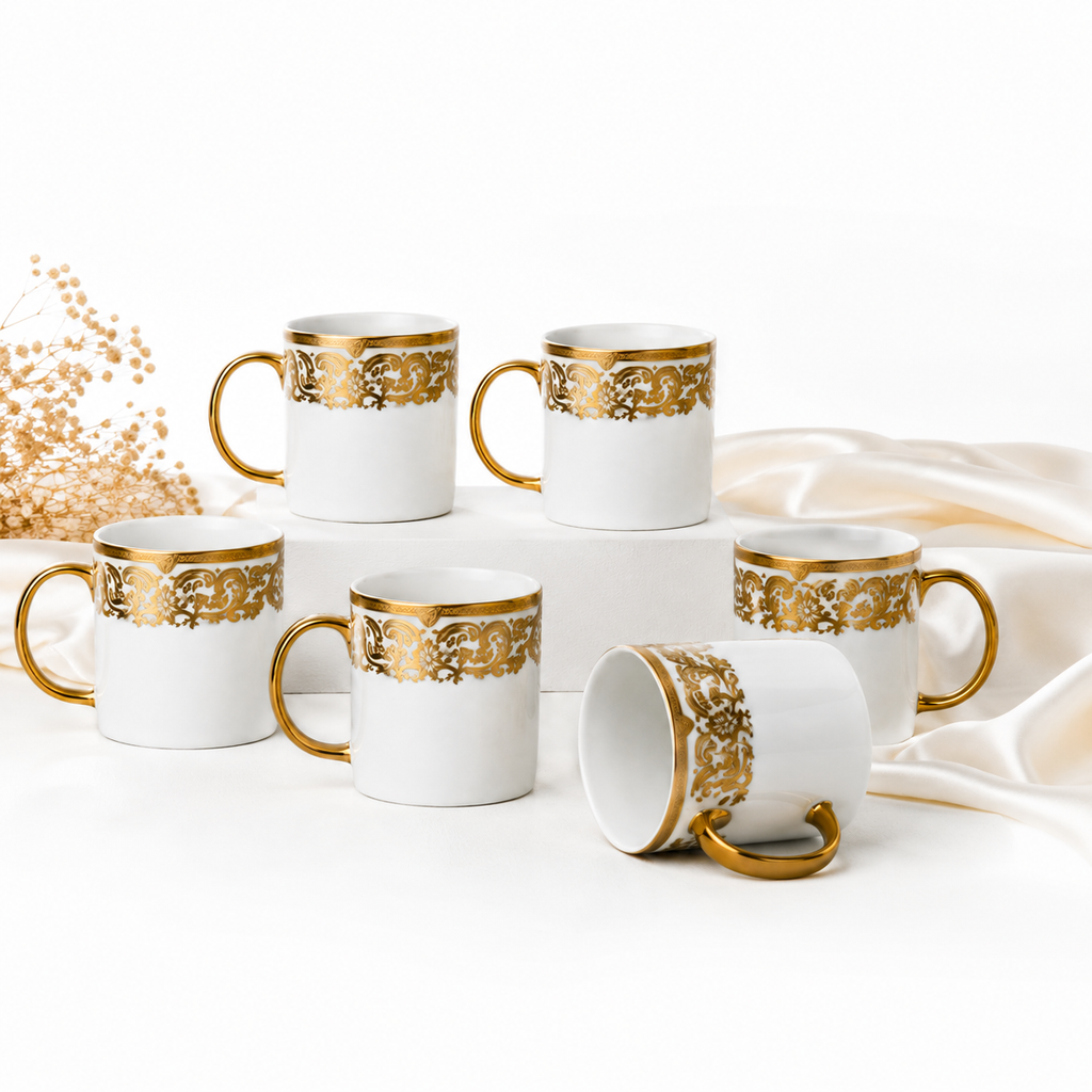 Set 6 Căni Ceramice Premium cu Model Auriu, 300 ml, Design Elegant Luxury, Alb/Auriu