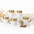 Set 6 Căni Ceramice Premium cu Model Auriu, 300 ml, Design Elegant Luxury, Alb/Auriu