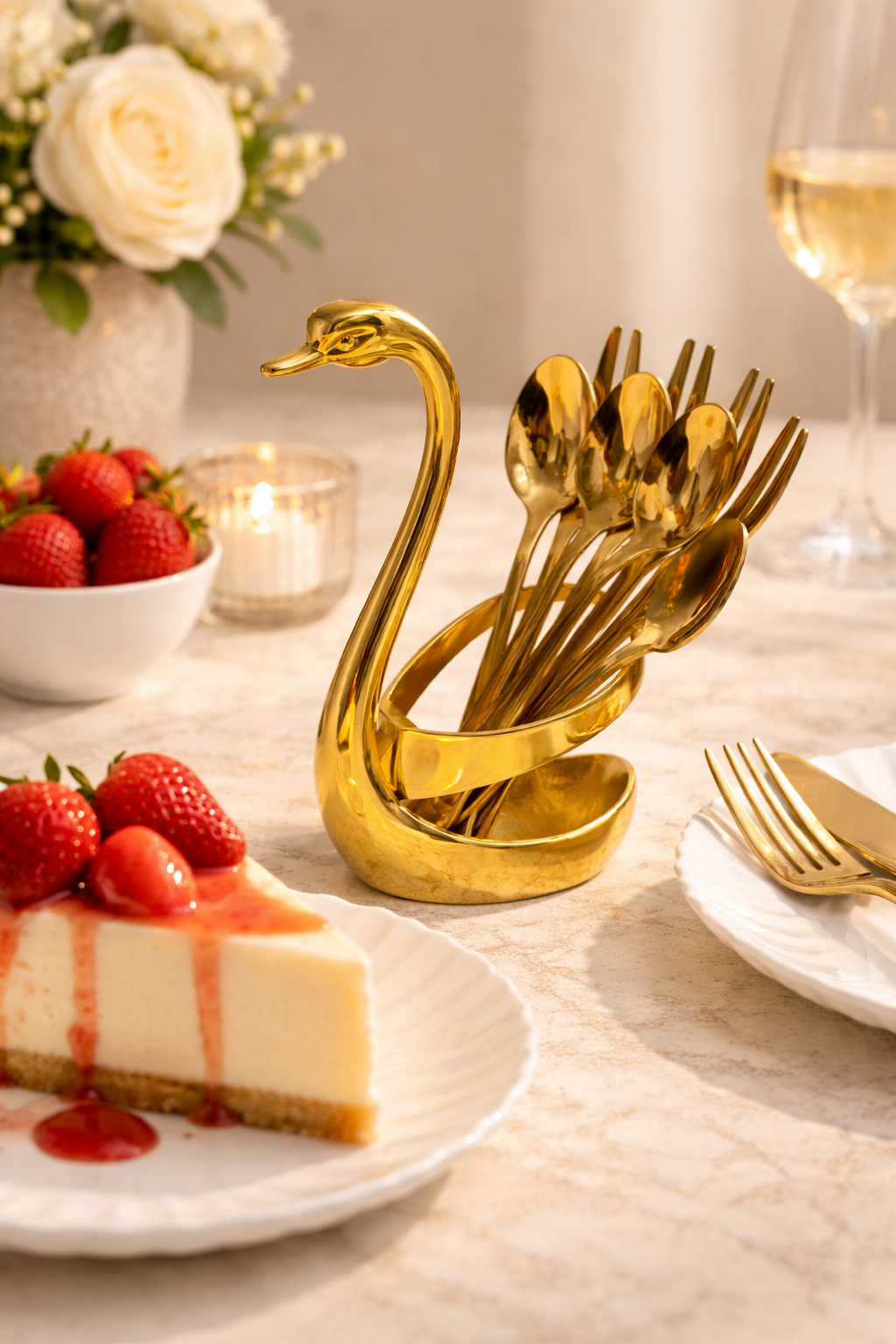 Set tacâmuri inox auriu 8 piese, suport tip Lebădă, set linguri și furculițe, finisaj premium, decor masă elegant