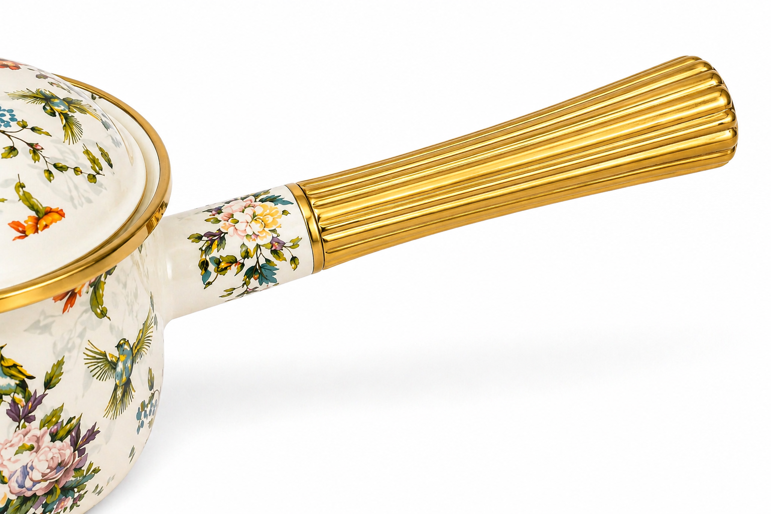 Cratiță emailată premium cu capac, model floral elegant, mâner auriu, 1.8L