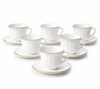 Set 6 cești cafea cu farfurii din opal alb și margine aurie, 12 piese, set elegant pentru espresso și cappuccino