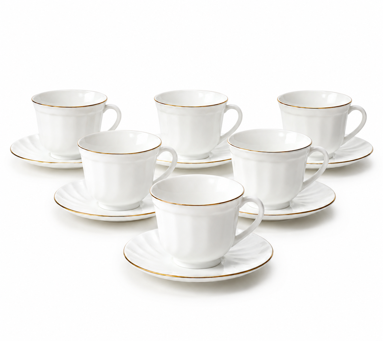 Set 6 cești cafea cu farfurii din opal alb și margine aurie, 12 piese, set elegant pentru espresso și cappuccino