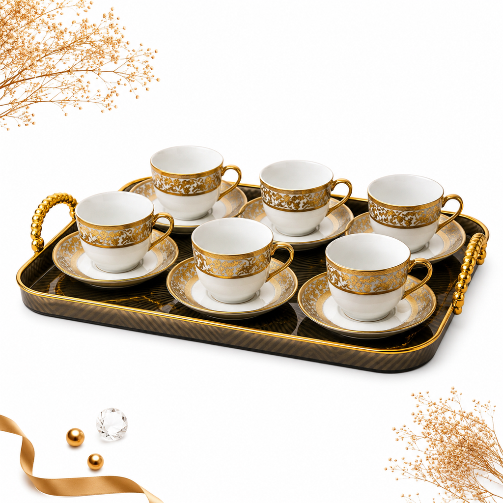 Set cesti cafea ceramica cu farfurioare, 12 piese, alb cu auriu, pentru 6 persoane, model elegant, ideal cadou