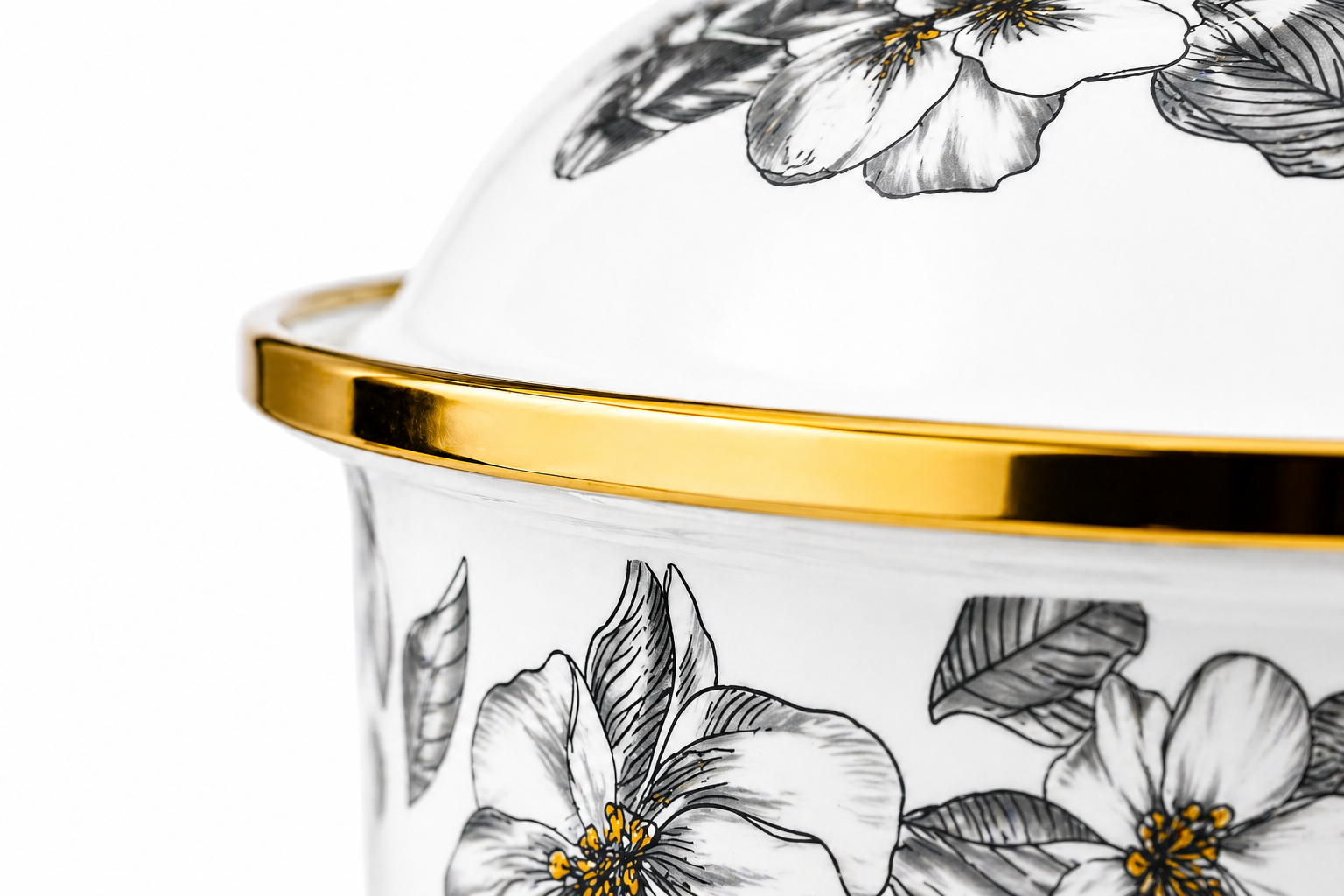 Cratiță emailată premium cu capac, model floral elegant, mâner auriu, 1.8L