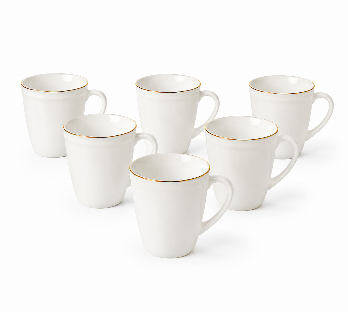 Set 6 căni din opal alb cu margine aurie, design elegant, căni cafea și ceai, rezistente și moderne