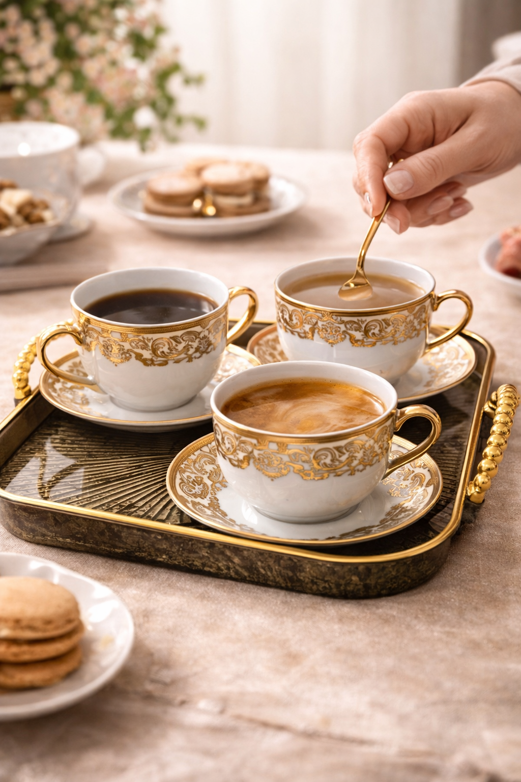 Set cesti cafea ceramica cu farfurioare, 12 piese, alb cu auriu, pentru 6 persoane, model elegant, ideal cadou