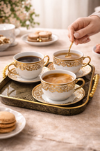 Set cesti cafea ceramica cu farfurioare, 12 piese, alb cu auriu, pentru 6 persoane, model elegant, ideal cadou