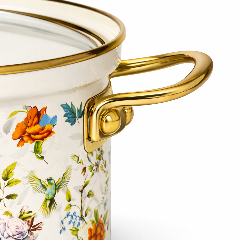 Set oale emailate 8 piese, vase gatit otel emailat, capace sticla termorezistente, model floral, 20/24/30 cm