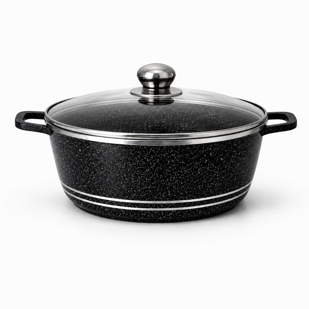 Set oale granit 10 piese, granit vase gatit antiaderent cu capac sticla, rezistente, 20–32 cm