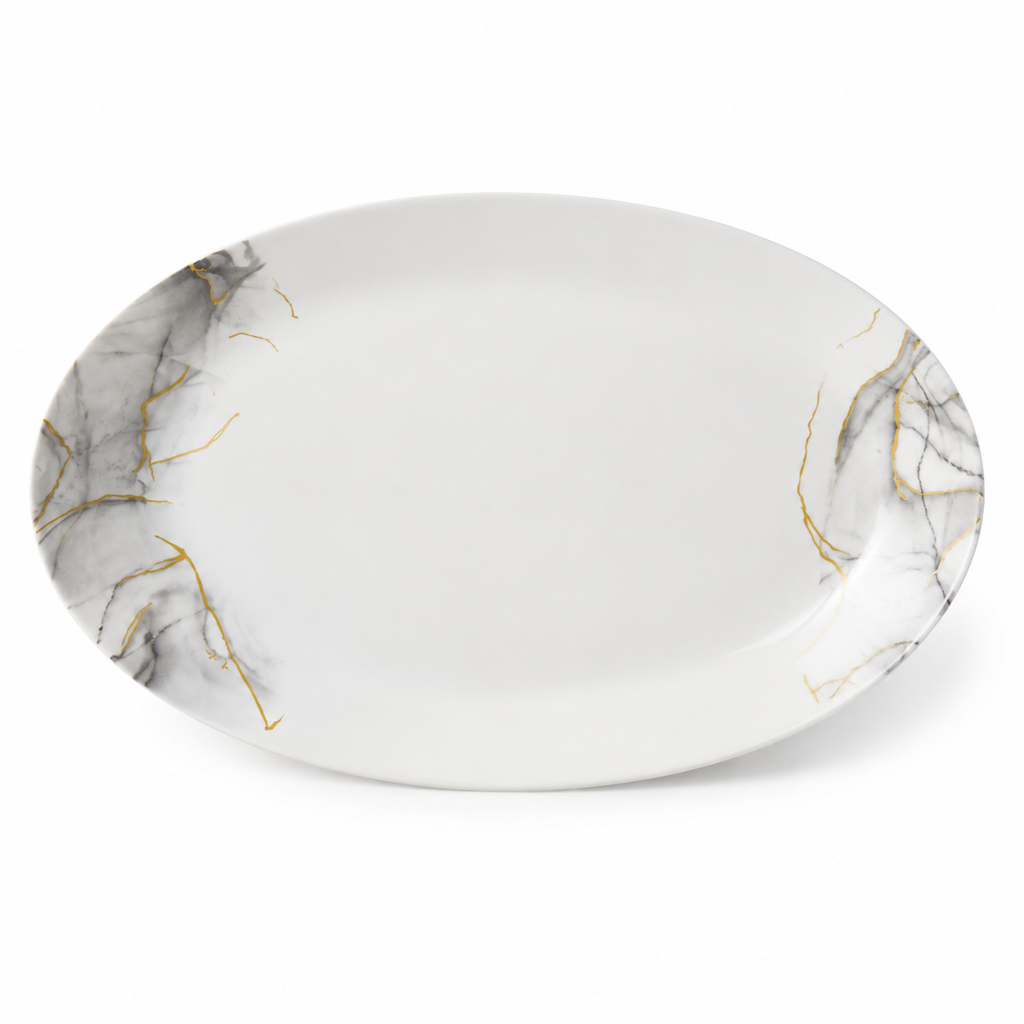 Set veselă opal 32 piese marmură alb-gri cu accente aurii, 6 persoane, farfurii întinse, adânci, desert, cești cafea, salatieră și platou